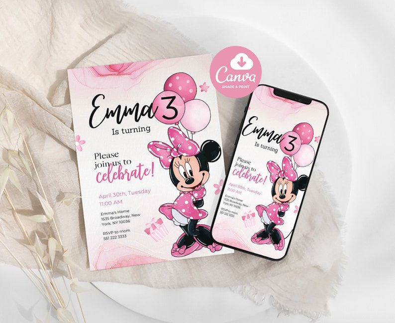 Editable Minnie Birthday Invitation Inspired Invite ANY AGE Digital 5x7 Mouse Pink Black Polka Dot Kids Girls image 1