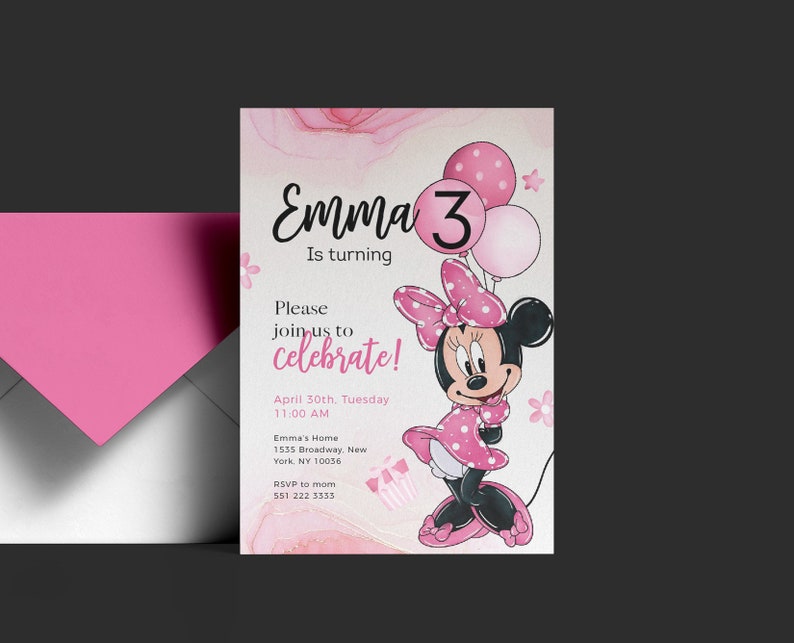 Editable Minnie Birthday Invitation Inspired Invite ANY AGE Digital 5x7 Mouse Pink Black Polka Dot Kids Girls image 4