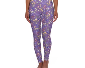 Bohemian Flowers Patterned High-Waisted AOP YOGA LEGGINGS, Polyester & Spandex Skinny Fit Double Layer Waistband Pants for Girls