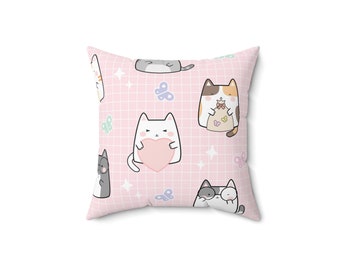 Kawaii CAT & Adorable Anime-Inspired Spun Polyester SQUARE PILLOW for Cat Lovers, Cute Decorative Heart Print Throw Pillow Cover Included