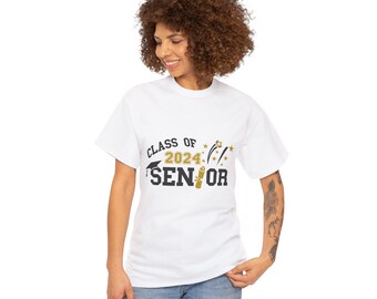 CLASS of 2024 SENIOR Graduation High School Heavy Cotton TEE, Unisex Short Sleeve Comfy Crewneck Eco-Friendly Senior Shirt for Gift