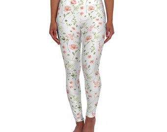 Botanical FLOWERS Design & High Waisted YOGA Pants LEGGINGS Gift for Women, Elegant Workout Wear Floral Fitness White Leggings