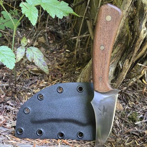 May include: A hunting knife with a wooden handle and a black sheath. The blade is silver and curved. The handle is brown with three rivets. The sheath has multiple eyelets. The knife is resting on a log in a natural setting.