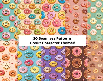 Donut Character Digital Paper | Donut Seamless Patterns | 20 instant downloads