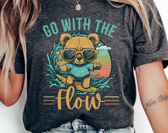 Surfing Bear T-Shirt, Go With The Flow, Cool Bear Graphic Tee, Beach Style Shirt, Hipster Animal Lover Top, Summer Fashion, Gift for Surfers