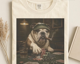 Dog Playing Poker Shirt, English Bulldog Cigar Whiskey Casino Chips, Bulldog Gift, Comfort Colors Tee | Poker Night Shirt, Whiskey Glass