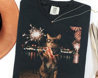 Funny Cat Shirt, Patriotic Graphic Tee, 4th of July Cat Lover Gift, 250th Anniversary Fireworks Meme Shirt, Summer BBQ Party Tee Gift