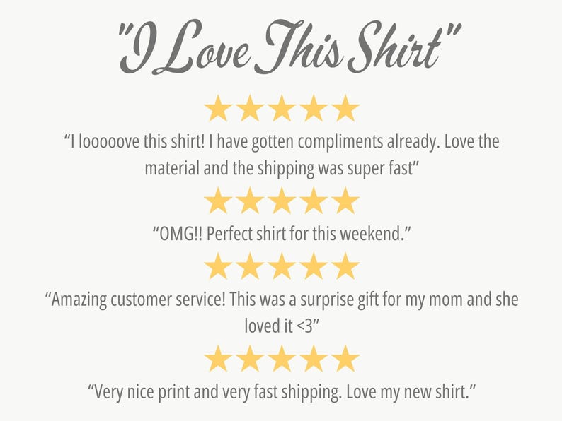 Pu&ograve; includere: Grafica color crema con la scritta "I Love This Shirt" in un font stilizzato. Sotto, recensioni dei clienti con valutazioni a cinque stelle, che evidenziano la qualit&agrave; del prodotto e il servizio clienti.