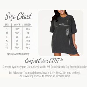 May include: A dark gray Comfort Colors C1717&reg; t-shirt with a size chart. The chart shows measurements in inches, with the XL size having a width of 24 inches and a length of 30.75 inches. The shirt is garment-dyed ring spun fabric.