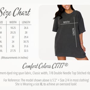May include: Size chart for a t-shirt with measurements in inches. The chart shows the width and length of the shirt in sizes S, M, L, XL, 2XL, and 3XL. The text "Comfort Colors C1717&reg;" is also visible.