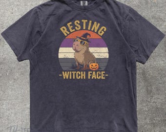 Capybara Halloween Shirt, "Resting Witch Face" Funny Vintage Sunset Tee | Unbothered Sarcastic Spooky Season Comfort Colors Shirt, Witchy