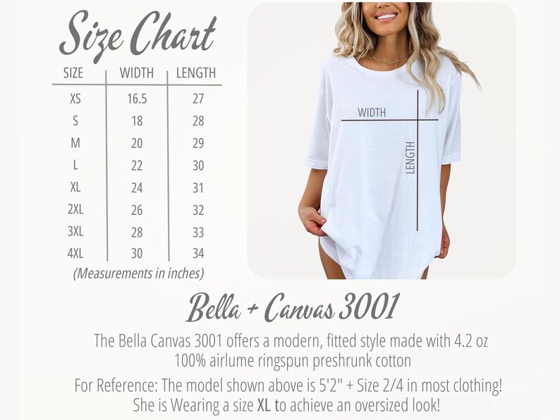 Pu&ograve; includere: T-shirt bianca con tabella delle taglie e misure in pollici. La tabella elenca le taglie XS-4XL, con le corrispondenti misure di larghezza e lunghezza. &Egrave; visibile anche il testo "Bella + Canvas 3001".