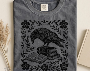 Bookish Raven Linocut Shirt, Dark Academia Book Lover Tee, Reading Shirt for Bookworm | Block Print Cottagecore | Comfort Colors, Crow Shirt