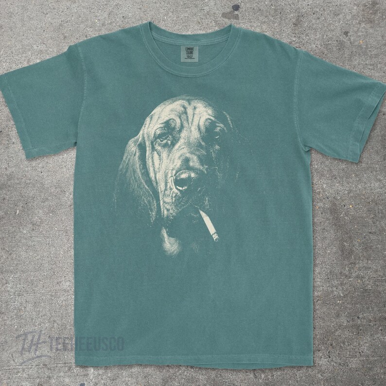 Bloodhound Smoking Shirt, Cursed Dog Meme Tee, Vintage Graphic Comfort Colors | Dark Humor, Unhinged Funny Dog Shirt, Deadpan Sad Dog Gift Blue Spruce