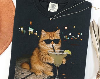 Camiseta de gato desquiciado, camiseta con meme de gato Margarita, camiseta divertida con estampado de gato en colores cómodos, regalo para amantes de los gatos, camiseta con estampado de tequila, camiseta con meme de gato