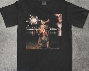 Funny Cat Shirt, Patriotic Graphic Tee, 4th of July Cat Lover Gift, 250th Anniversary Fireworks Meme Shirt, Summer BBQ Party Tee Gift