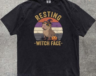 Capybara Halloween Shirt, "Resting Witch Face" Funny Vintage Sunset Tee | Unbothered Sarcastic Spooky Season Comfort Colors Shirt, Witchy