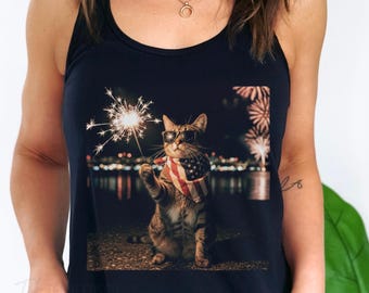 Funny Cat Tank Top, Patriotic Graphic Tank, 4th of July Cat Lover Gift, 250th Anniversary Fireworks Meme Tank, Summer BBQ Party Tank Gift