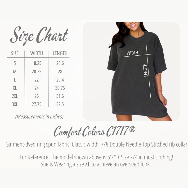 May include: A dark gray t-shirt with a size chart and measurements in inches. The shirt is garment-dyed ring spun fabric with a classic width and a 7/8 double needle top stitched rib collar. The model is wearing a size XL.