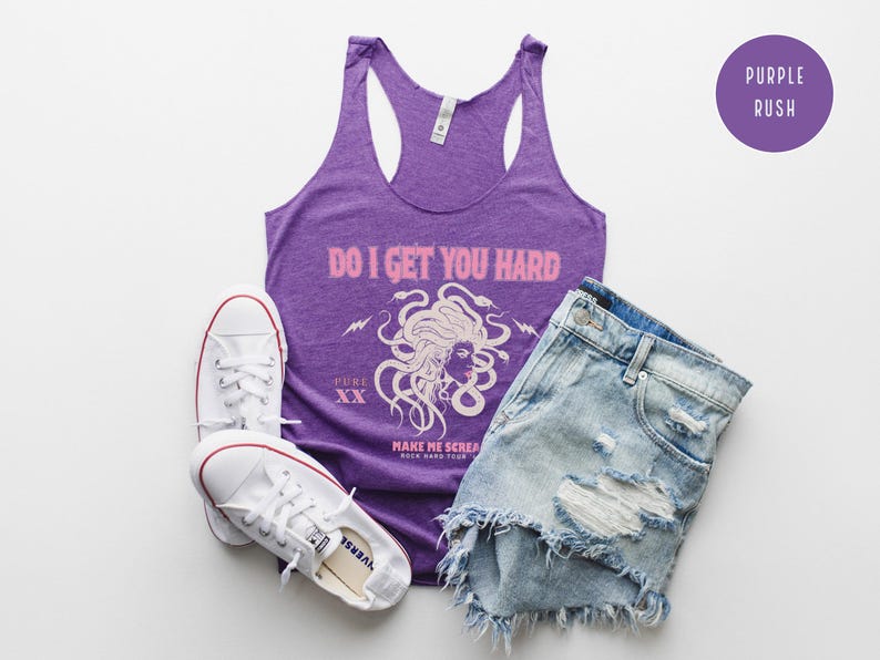 May include: A purple vest top with the text "DO I GET YOU HARD" and a Medusa graphic, alongside distressed denim shorts and white trainers. A purple circle with "PURPLE RUSH" is in the top right corner.