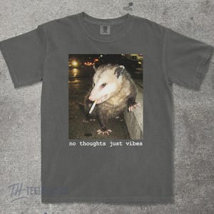 May include: Dark grey t-shirt featuring a photo of an opossum with a cigarette, leaning on a curb. The text "no thoughts just vibes" is below the image. The shirt has a crew neck and short sleeves.