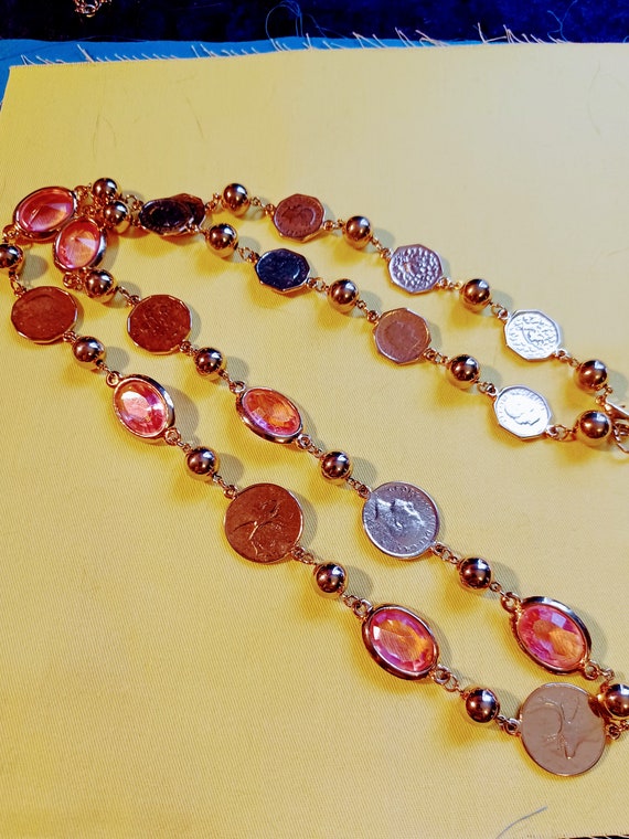 Faux Coin and Pink Stone Necklace