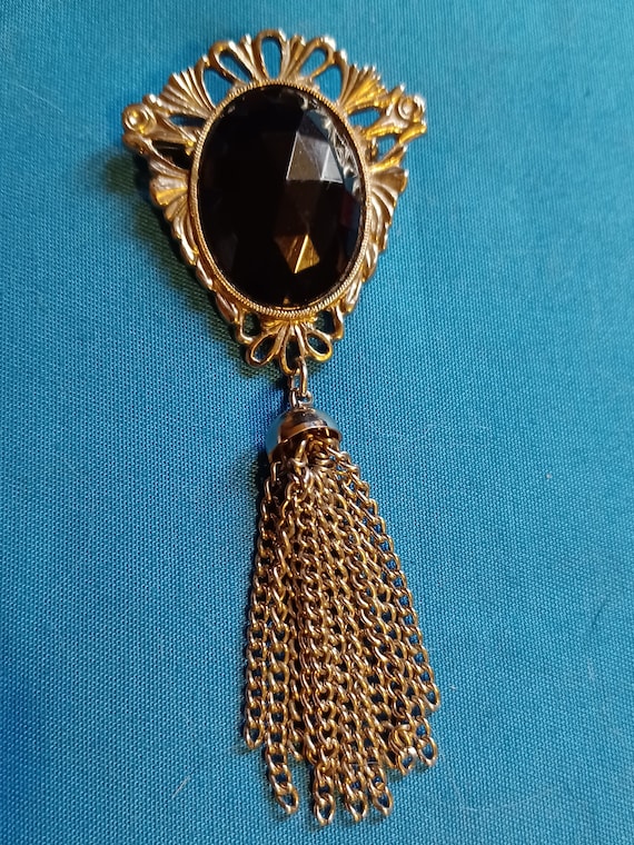 Silver-Tone and Black Stone Brooch - image 1