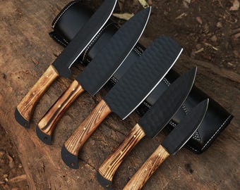 Custom Handmade Damascus Chef Knife Set of Pcs With Leather Bag.