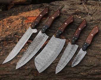 Hand-Forged Damascus Chef Knife Set | 5-Piece Carbon Steel Collection