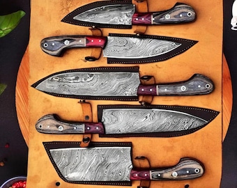 Hand-Forged Damascus Chef Knife Set | 5-Piece Carbon Steel