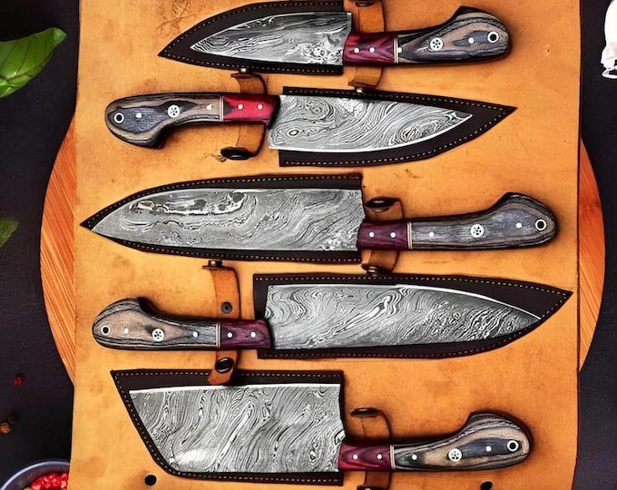 Hand-Forged Damascus Chef Knife Set | 5-Piece Carbon Steel