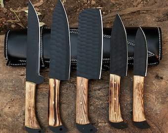 Handmade Damascus Chef Knife Set | 5-Piece Carbon Steel with Leather Sheath