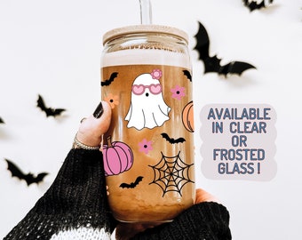 Cute Halloween Ghost Glass Tumbler | Spooky Glass Cup | Cute Ghostie Tumbler | Spooky Season | Girly Halloween Glass