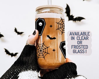Gothic Halloween Glass Tumbler | Coffins and Spiderwebs Tumbler | Spooky Coffee Cup | Halloween Tumbler | Spooky Glass Cup