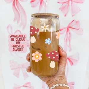 Floral Mushroom Glass Tumbler | Mushroom Glass Cup | Mushroom Flower Cup | Whimsical Glass Cup | Mushroom Aesthetic | Floral Coffee Cup