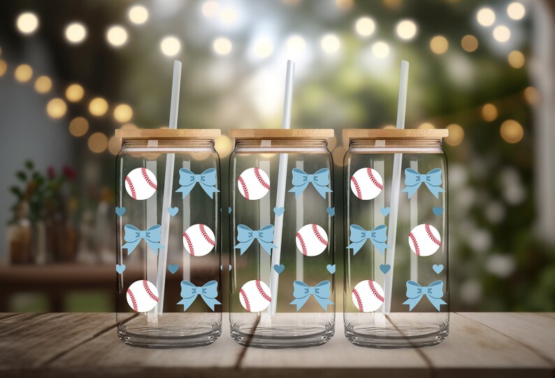 16oz Coffee Glass With Baseball and Blue Bow Design Sportsthemed