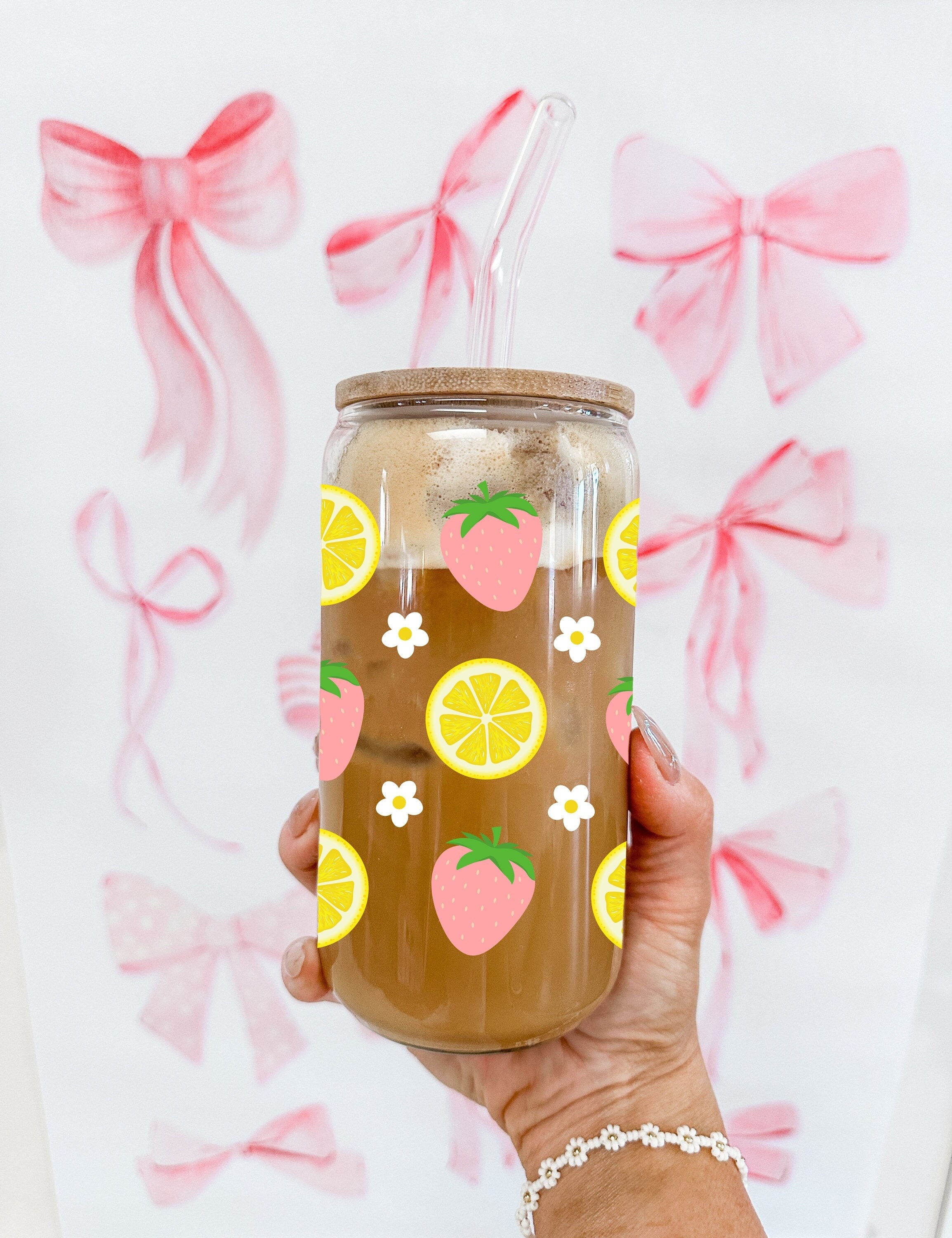 Glass Tumbler with Strawberries, Lemons & Daisies Summer Fruit Glass Cup Cute Aesthetic Iced Coffee Cup