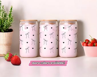 Bows and Hearts Glass Tumbler | Coquette Glass Tumbler with Bows and Hearts | Valentine's Day Tumbler | Valentine's Day Gift for Her