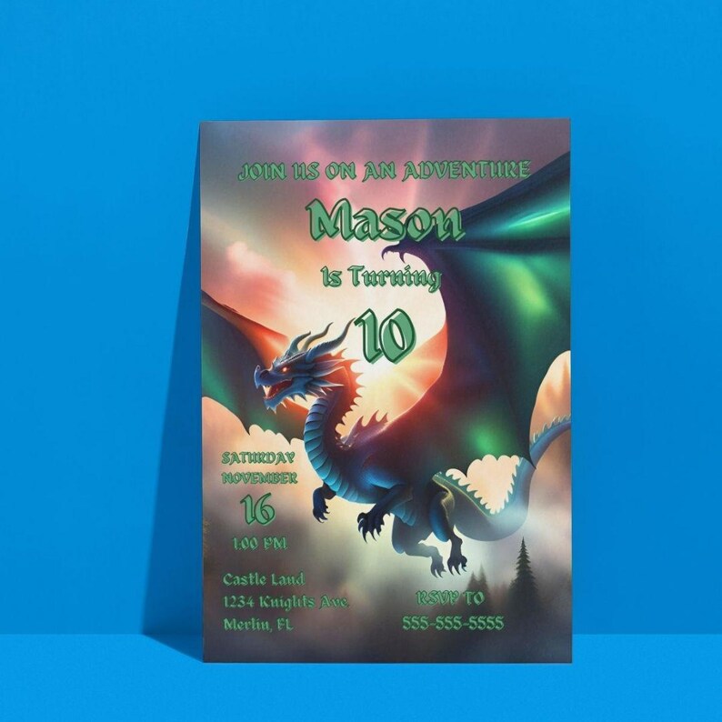 Editable Dragon Birthday Invitation, Boy Birthday Invitation, Canva ...