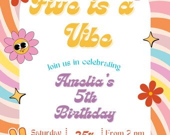 Fünf ist eine Vibe-Geburtstagseinladung, Retro-Geburtstag, bearbeitbare Einladung, niedlicher Geburtstag einladen, fünfte Geburtstagsfeier