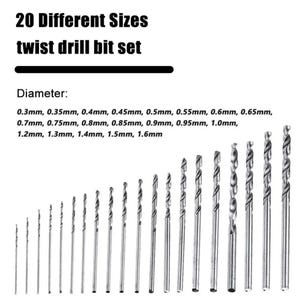 May include: A set of 20 silver-coloured metal twist drill bits arranged in increasing order of size. The text reads: 20 Different Sizes twist drill bit set. Diameter: 0.3mm, 0.35mm, 0.4mm, 0.45mm, 0.5mm, 0.55mm, 0.6mm, 0.65mm, 0.7mm, 0.75mm, 0.8mm, 0.85mm, 0.9mm, 0.95mm, 1.0mm, 1.2mm, 1.3mm, 1.4mm, 1.5mm, 1.6mm.