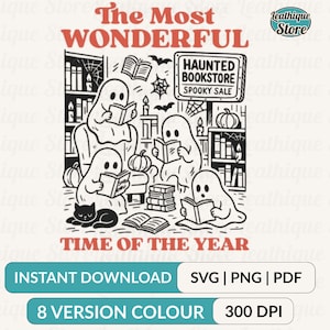 Op de afbeelding: Zwart-wit illustratie met geesten die boeken lezen in een spookachtige boekwinkel. De tekst luidt "The Most Wonderful Time of the Year" en "Haunted Bookstore Spooky Sale". Bevat pompoenen, vleermuizen en een zwarte kat.