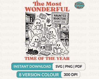 Haunted Bookstore Halloween PNG, Retro-Spooky Bookish Halloween-Buchliebhaber Boo-Geist lesen Buch SVG PNG Shirt-Aufkleber-Becher-Sublimations-Designs