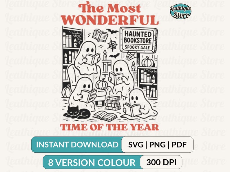 Op de afbeelding: Zwart-wit illustratie met geesten die boeken lezen in een spookachtige boekwinkel. De tekst luidt "The Most Wonderful Time of the Year" en "Haunted Bookstore Spooky Sale". Bevat pompoenen, vleermuizen en een zwarte kat.