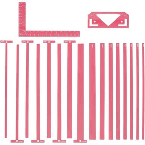 May include: A set of pink plastic sewing and quilting templates including an L-shaped ruler with markings in centimeters, a corner guide, and various straight strips of different widths labeled with measurements ranging from 5mm to 15mm.