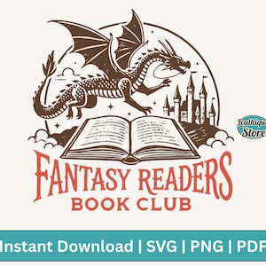 Fantasy Readers Book Club, Vintage Book Lover Dragon Bookish Fantasy Reader Book Quotes SVG PNG Shirt, Sticker, Tote bag Sublimation Design
