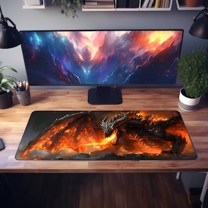 World of Warcraft Deathwing Desk Mat - Fiery Dragon Artwork Mouse Pad - Gaming Accessories - Unique Desk Decor Cataclysm Classic