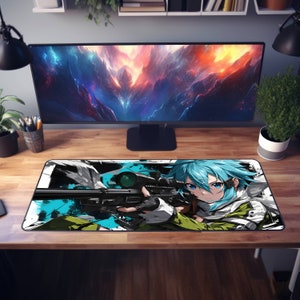 Sword Art Online Sinon Desk Mat - Action Shot with Sniper Rifle Hecate II Mouse Pad - Anime Accessories - Unique Desk Decor