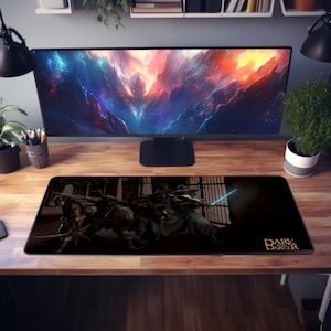 May include: A black gaming mouse pad with a dark fantasy illustration of three figures in a dungeon setting. The text "Dark and Darker" is in the bottom right corner.