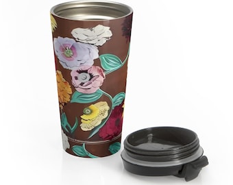 Taza de viaje Swifty con diseño de piano sorpresa / Vaso de café inspirado en Eras / Regalo floral para un pianista / Taza de acero inoxidable de 15 oz